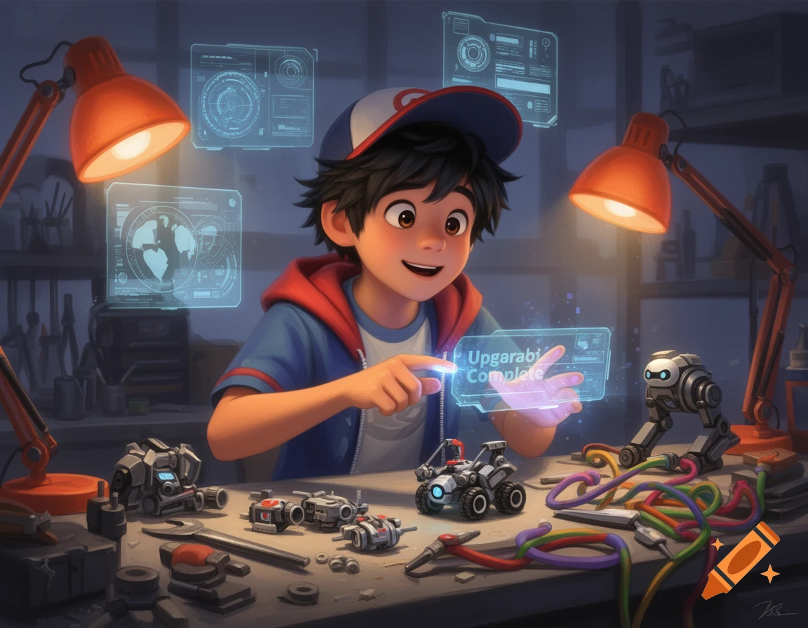 Animated young boy in a workshop, working on robots and interacting with holographic screens.