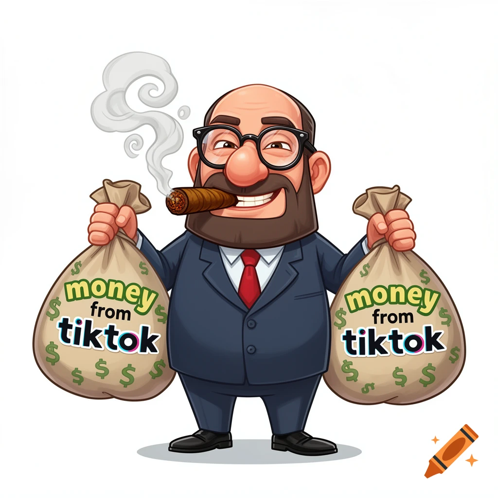 A cartoon businessman with glasses, a beard, and a cigar, holding two money bags labeled 'money from tiktok'.