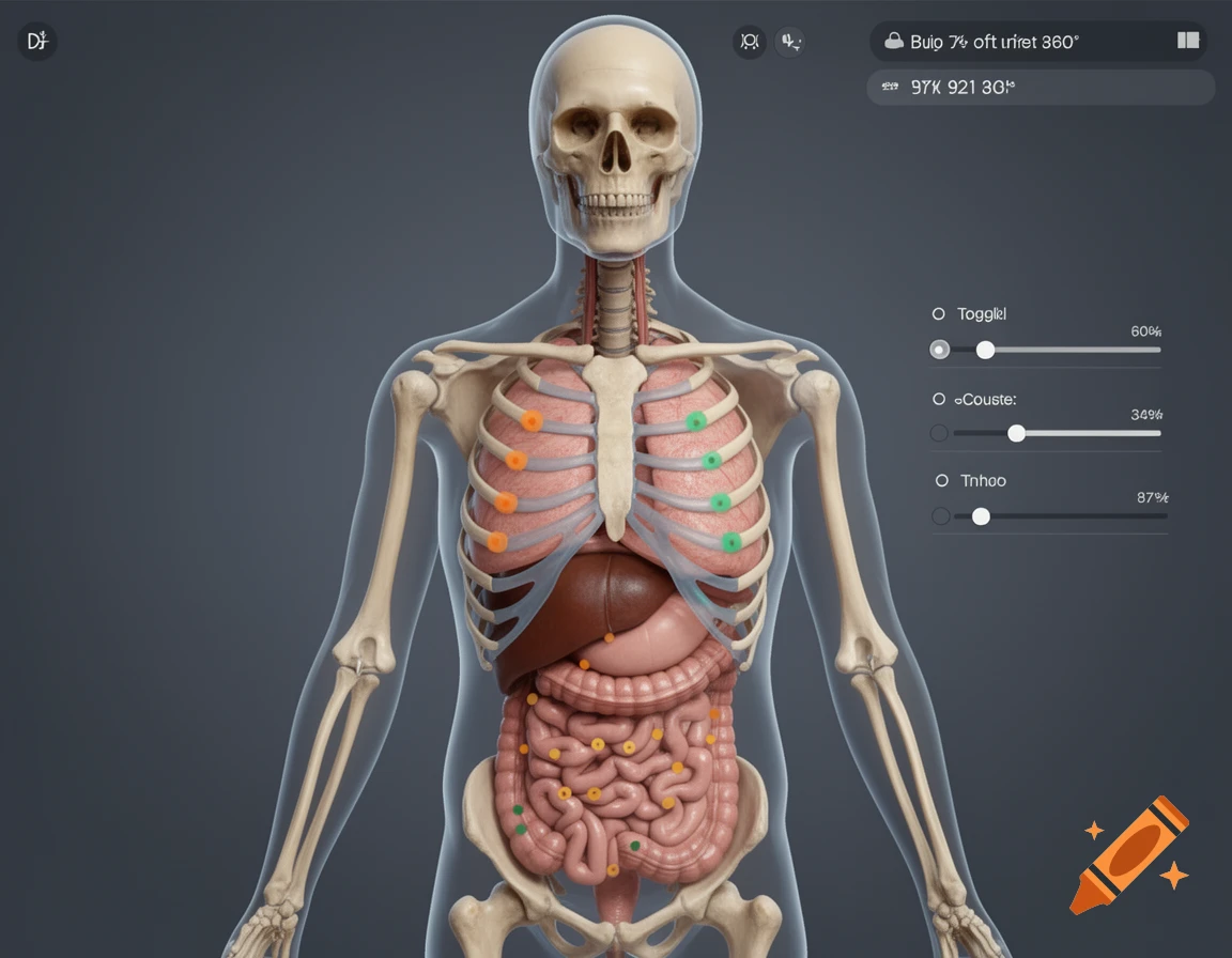A 3D anatomical model of a human torso displaying skeletal structure and internal organs, with a user interface overlay.