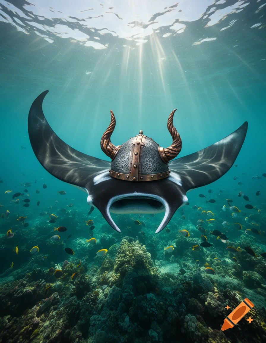 A manta ray wearing a detailed viking helmet swims over a vibrant coral reef with fish, sun rays penetrating the clear blue water.