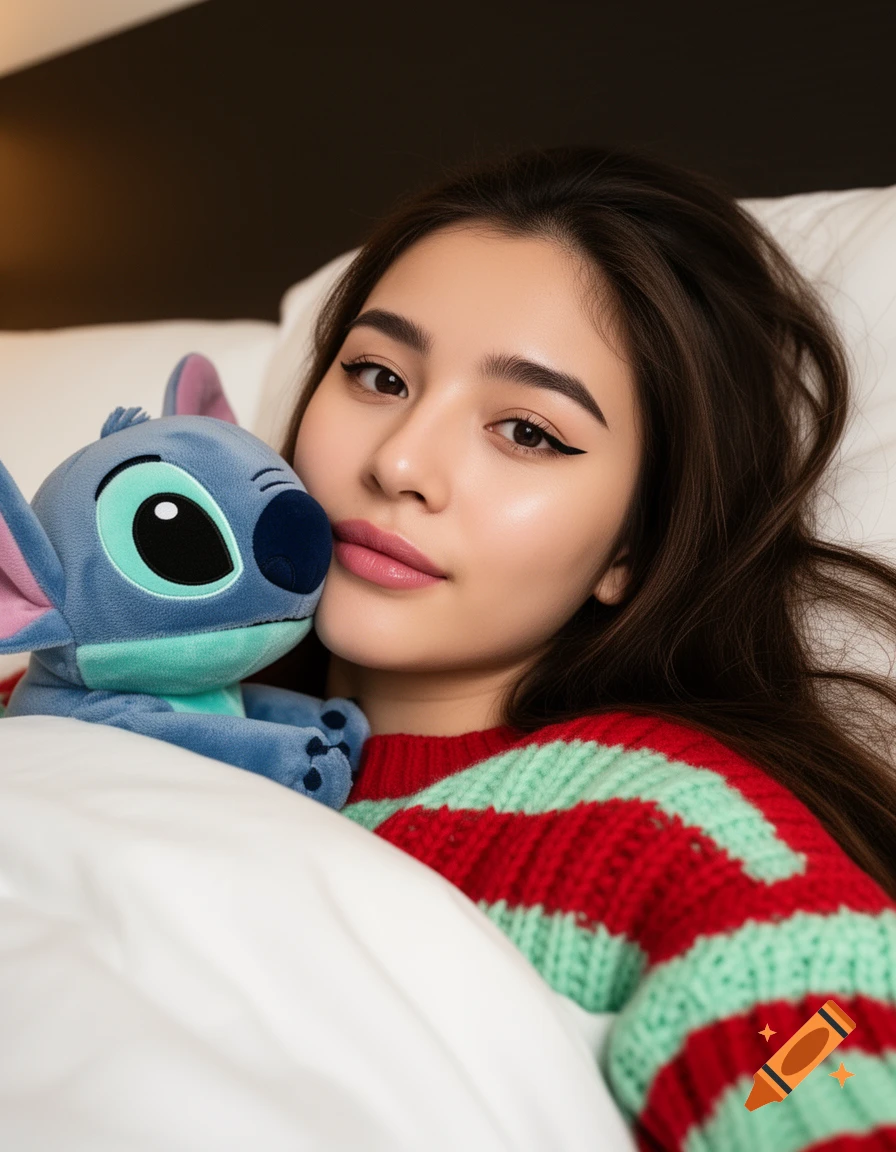 A young woman with long dark hair lies in bed, wearing a red and mint green striped sweater, cuddling a blue Stitch plush toy.
