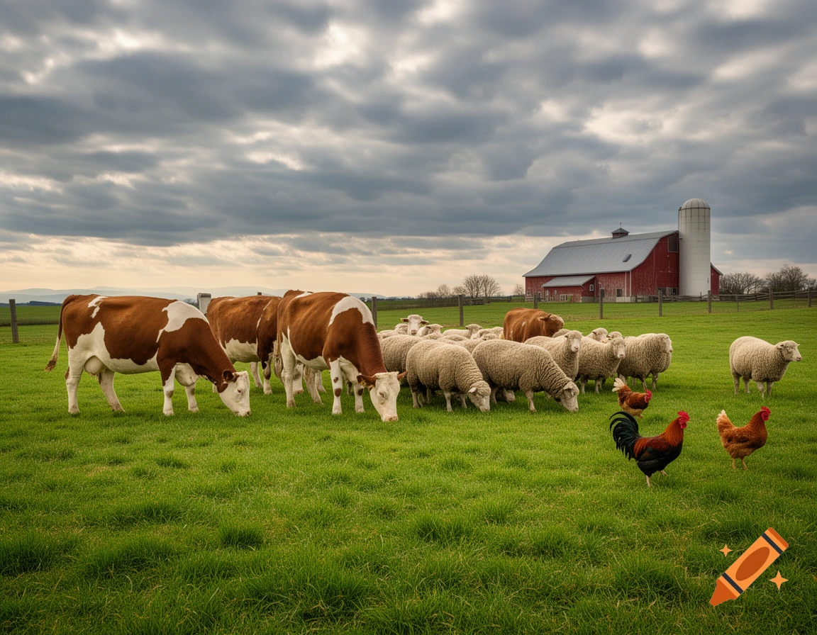 Cows, sheep, and chickens graze in a green field with a red barn and silo under a cloudy sky.