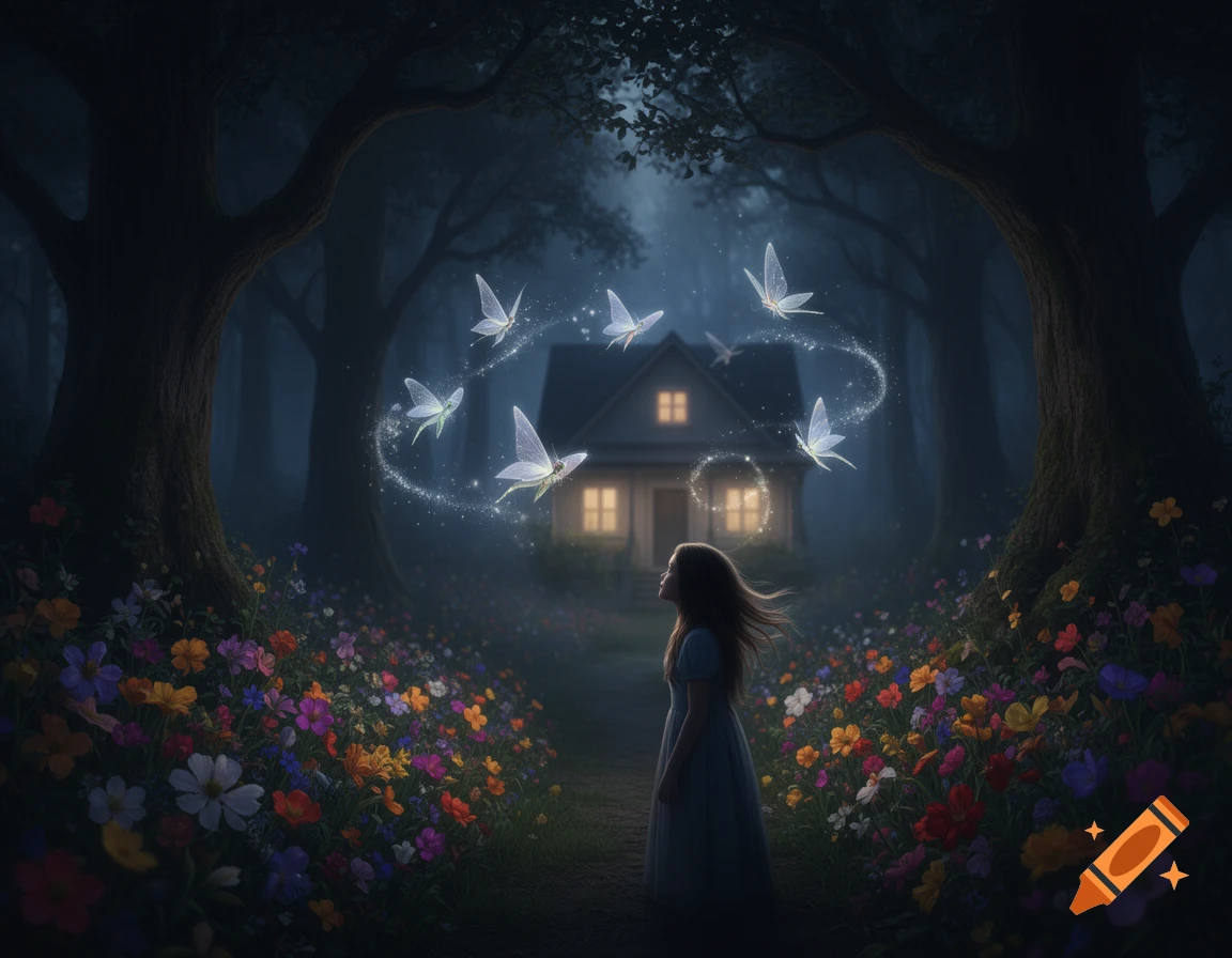 A girl gazes at a dimly lit house in a dark, flower-filled forest, circled by glowing fairies in a dreamlike scene.