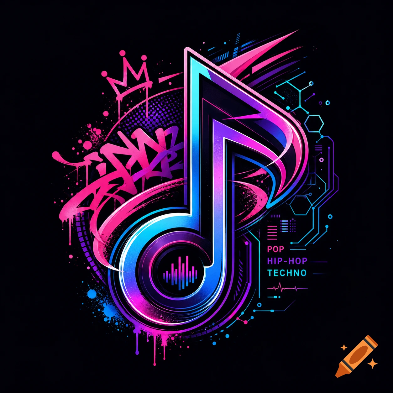 Neon musical note logo with graffiti and circuit elements, displaying 'POP HIP-HOP TECHNO' on a black background.