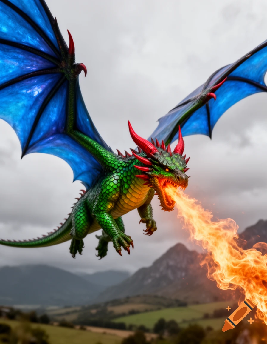 A vibrant green dragon with blue wings and red horns flies against a cloudy sky, breathing a stream of fire over a mountainous landscape. Photorealistic style.