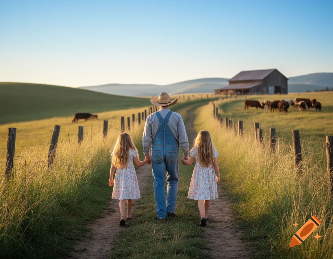 Photorealistic image of a farmer and two young girls walking hand-in-hand on a path through a sunny rural field with a barn and cows.