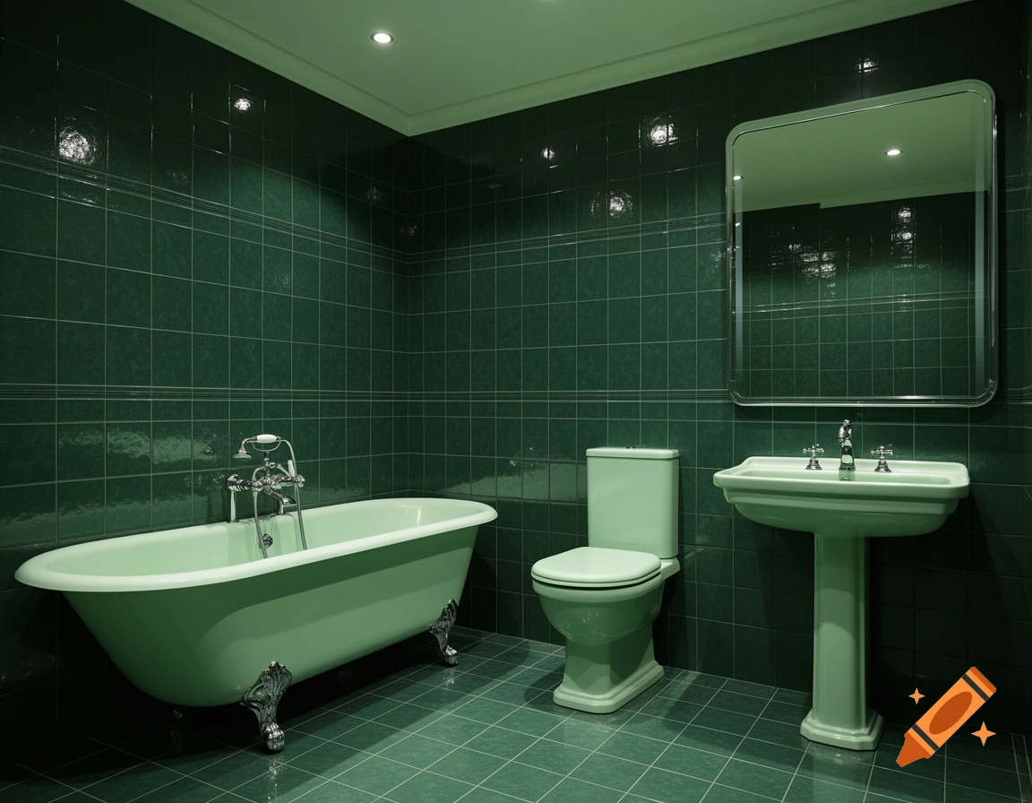 A luxurious bathroom featuring a clawfoot tub, toilet, and pedestal sink in light green, set against dark green tiled walls and floor.