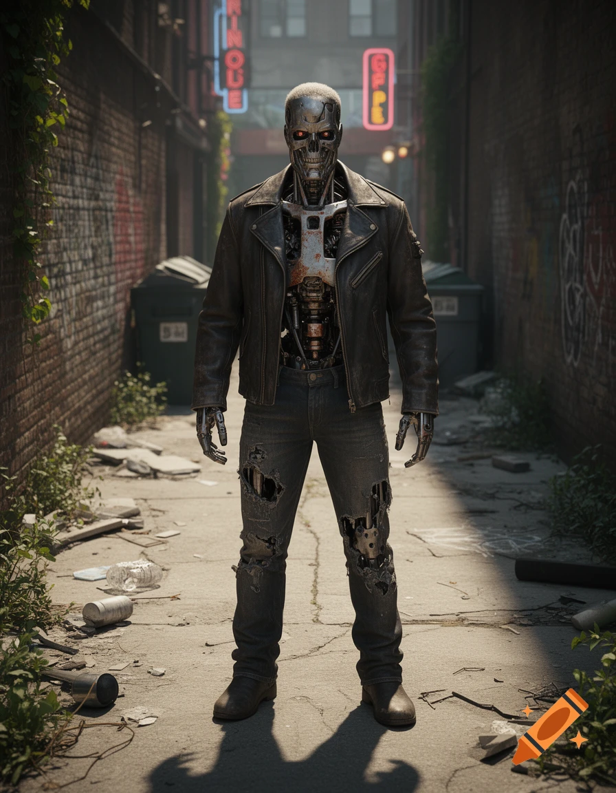 A robotic Terminator with glowing red eyes and a leather jacket stands in a dark, graffiti-covered urban alley filled with trash.