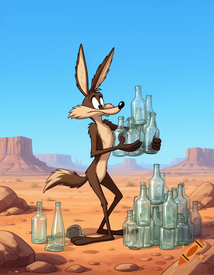 Cartoon Wile E. Coyote carries a stack of glass bottles in a desert landscape filled with mesas and more bottles.