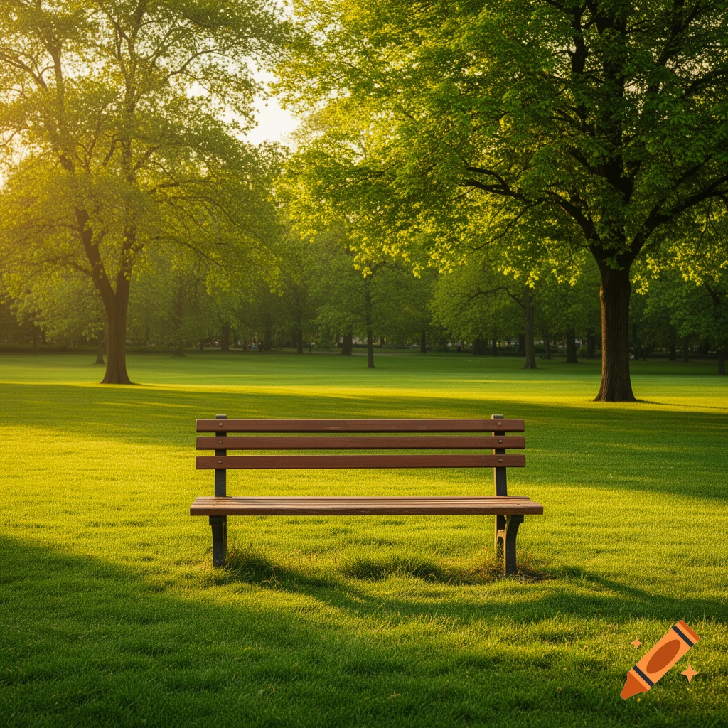 A park bench sits in a sunlit grassy field surrounded by green trees, casting long shadows.