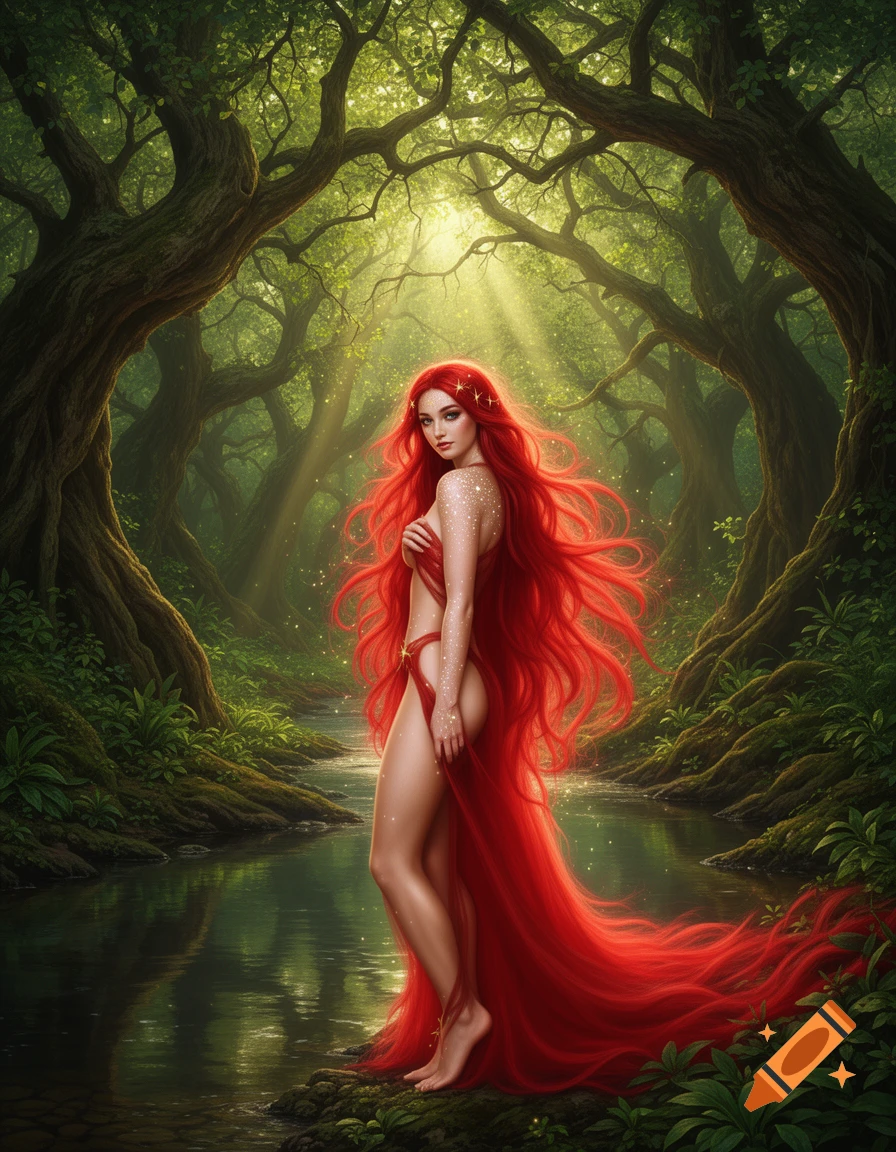 A stunning, red-haired goddess with flowing hair and a red cloth stands by a tranquil stream in a sunlit ancient forest.