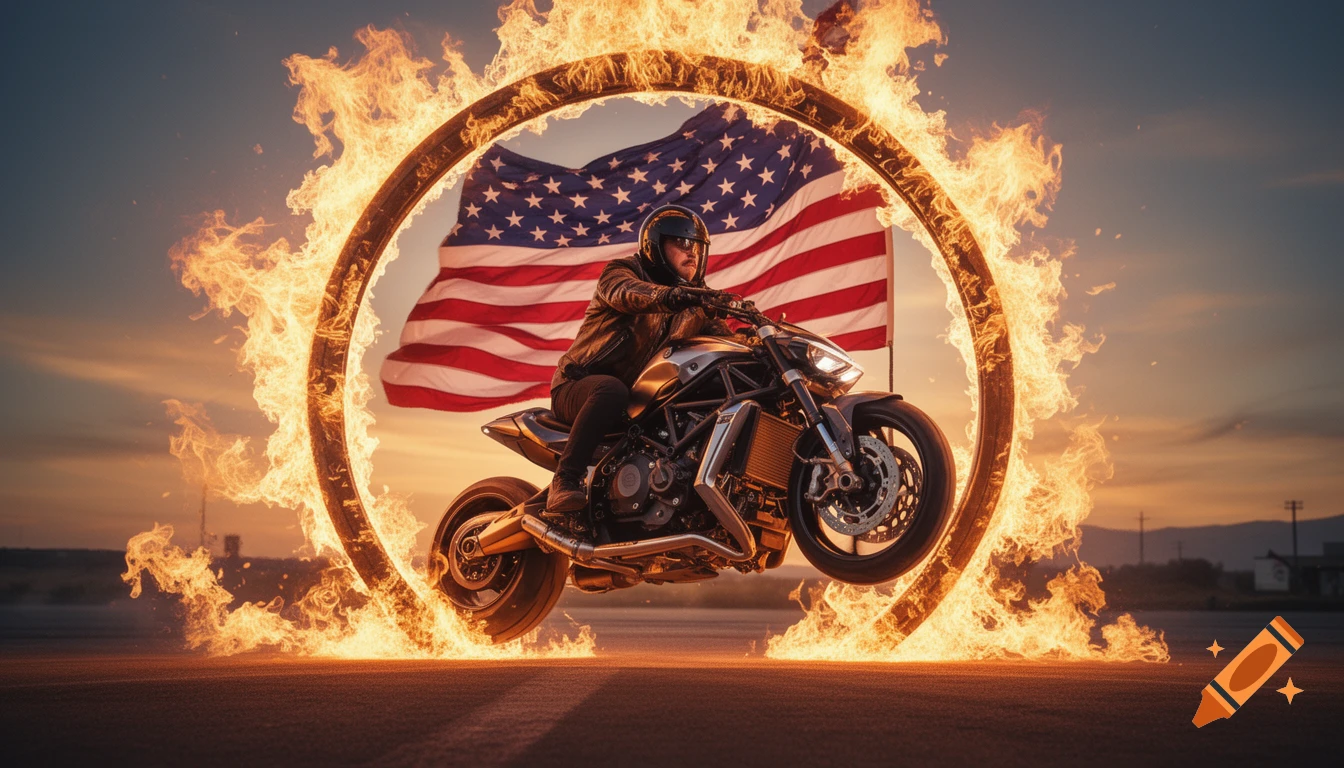 A motorcyclist in a leather jacket jumps a bike through a blazing fire hoop with a large American flag behind them at sunset.