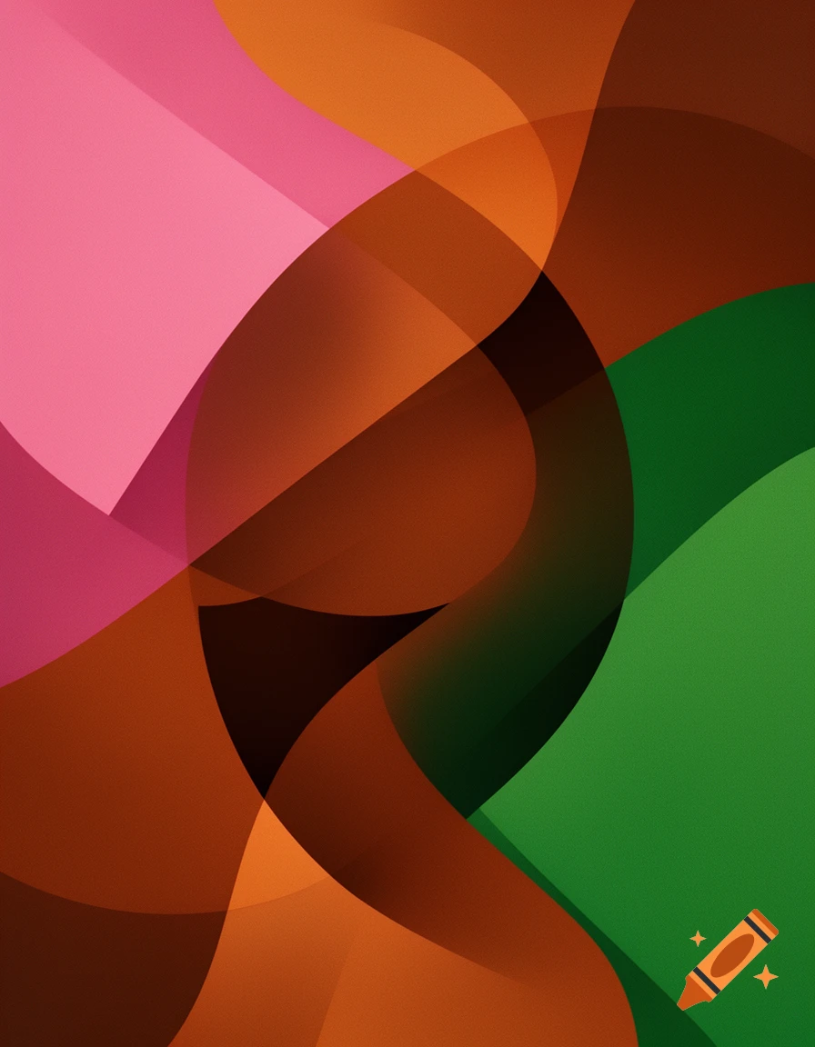 Abstract overlapping shapes in shades of pink, orange, brown, and green.