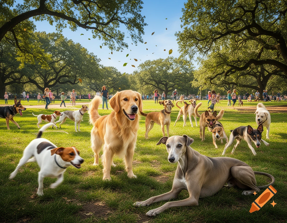 Many diverse dogs playing and resting in a sunny park with trees and people in the background, photorealistic style.