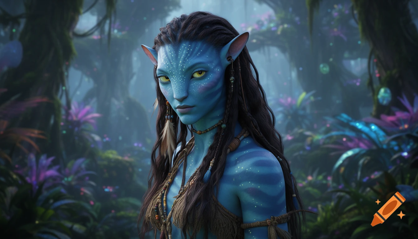 A photorealistic depiction of a blue-skinned Na'vi woman with long dark hair and yellow eyes, wearing tribal clothing, in a vibrant bioluminescent jungle.