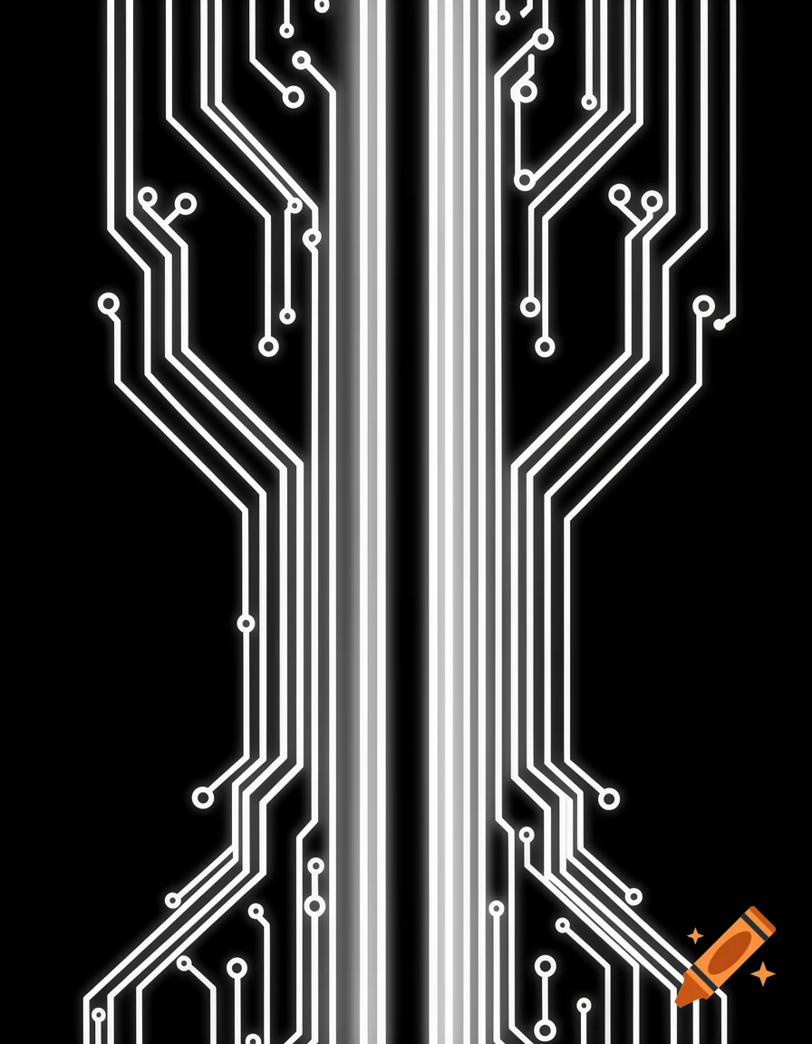White glowing circuit board traces arranged vertically on a black background, forming a futuristic abstract pattern.