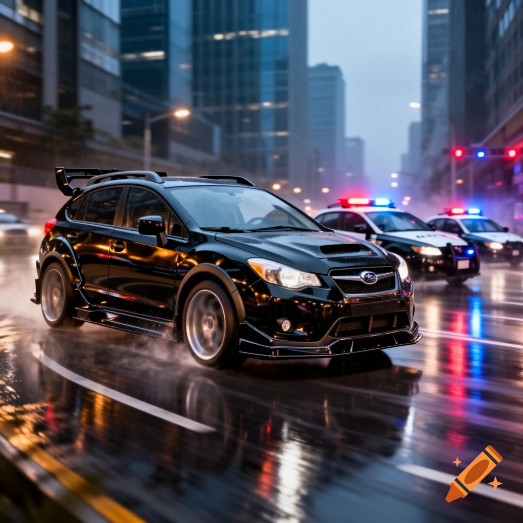 A black Subaru with a racing kit speeds away from two police cars with flashing lights on a wet city street.