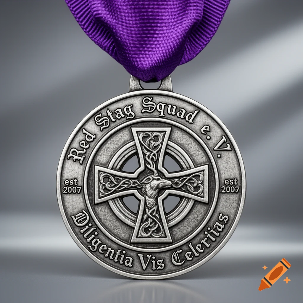 A detailed silver medal with a Celtic cross, a stag head, and text, hanging from a purple ribbon.