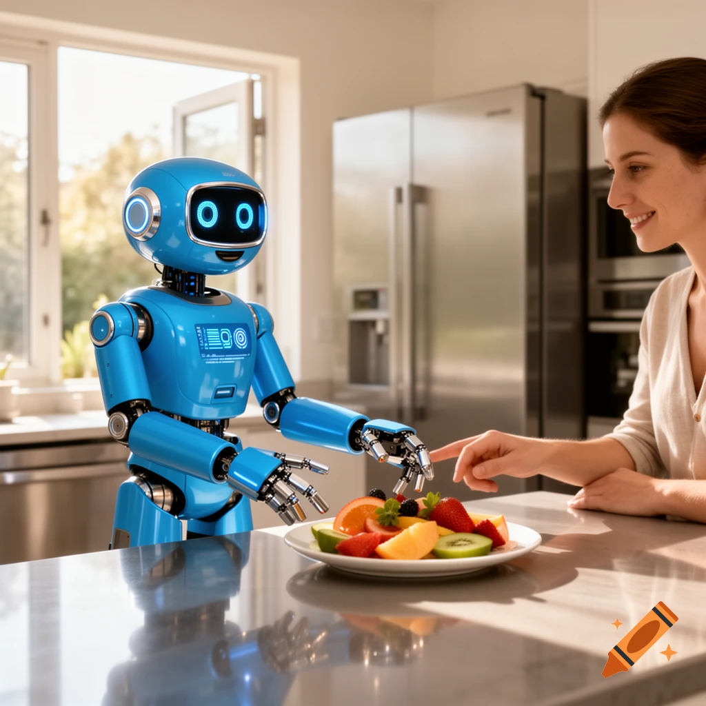 A friendly blue robot in a modern kitchen offering a plate of fresh fruit to a smiling woman.