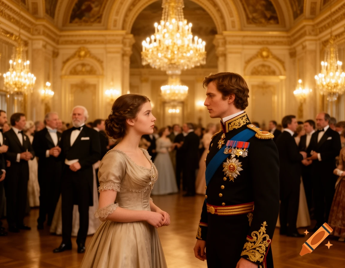 A young man in a military uniform and a woman in a gold gown stand facing each other in a grand, ornate ballroom.