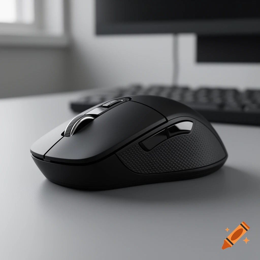 A sleek black computer mouse with a metallic scroll wheel and textured side grips on a grey desk, with a blurred keyboard and monitor in the background.