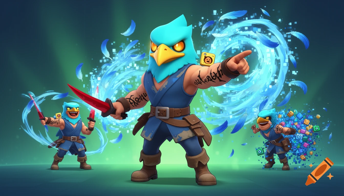 A stylized 3D cartoon character with a blue bird head, muscular body, and red daggers stands amidst blue feathers and digital pixels.