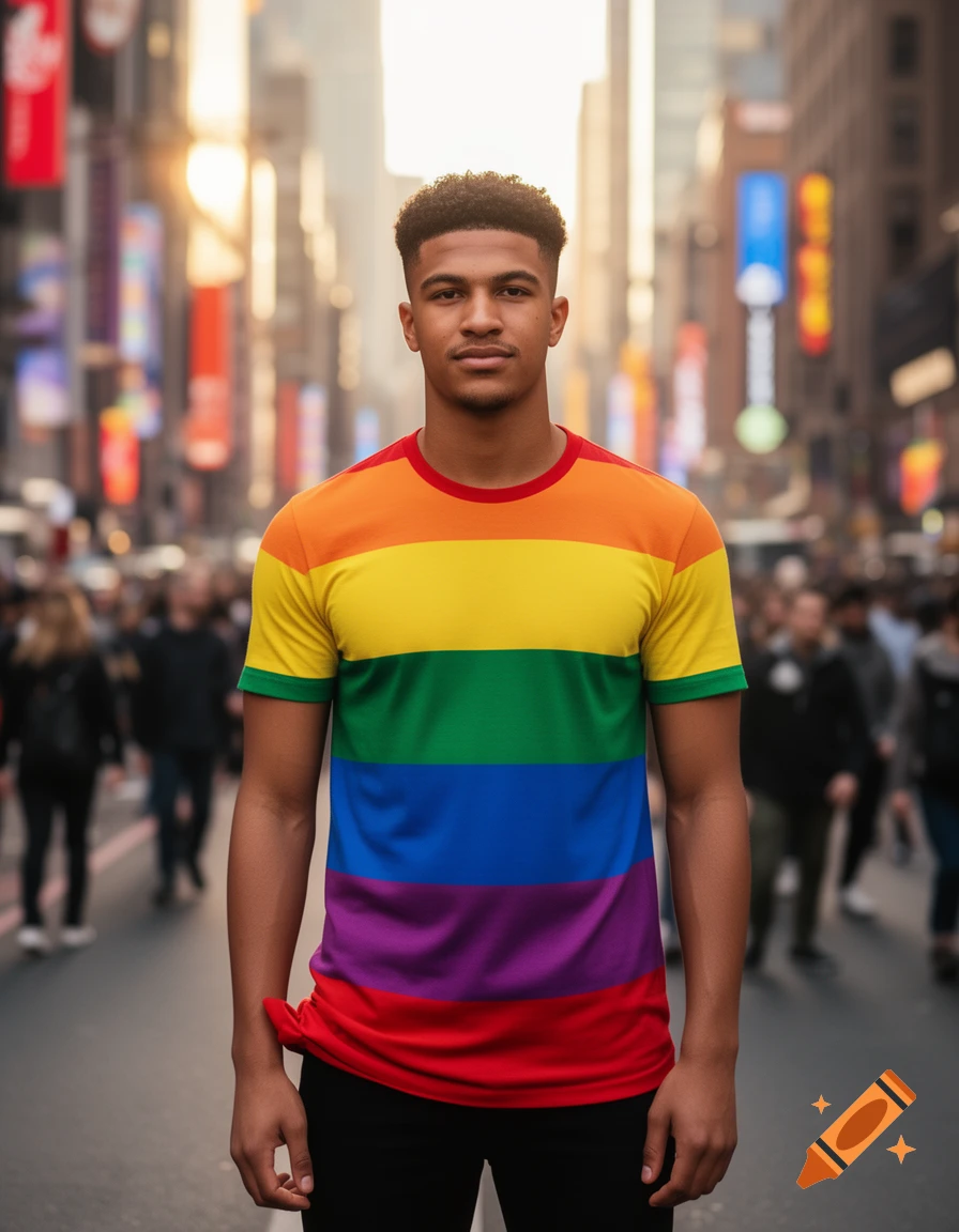 A young man in a rainbow-striped t-shirt stands on a blurred, busy city street, looking at the camera.