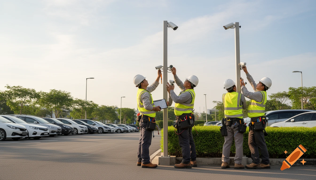 Four workers in hard hats and reflective vests install security cameras on light poles in a sunny outdoor parking lot.