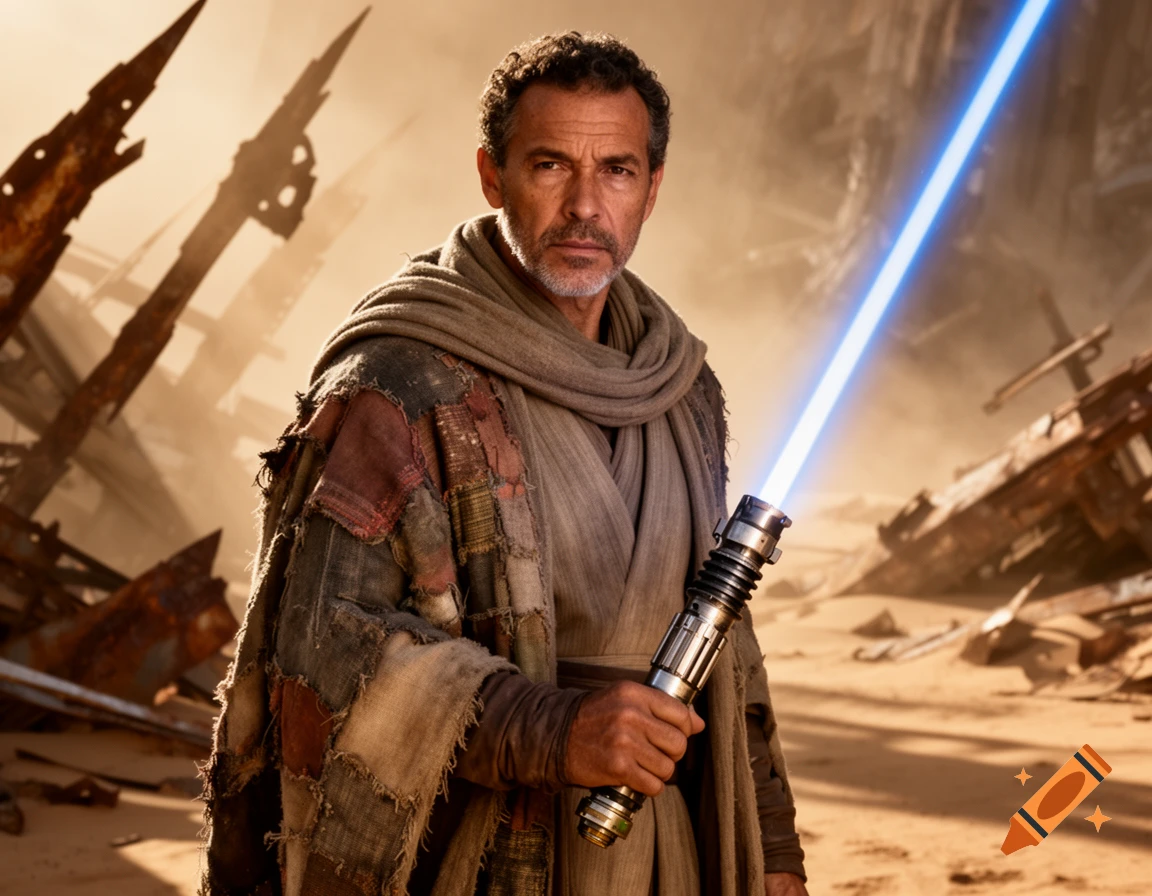 A rugged man with a beard and robes stands in a desert of wreckage, holding a glowing blue lightsaber.