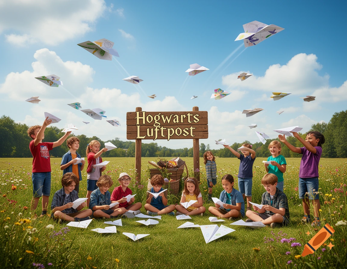 Children in a sunny field making and throwing paper airplanes, with a wooden sign reading 'Hogwarts Luftpost'.