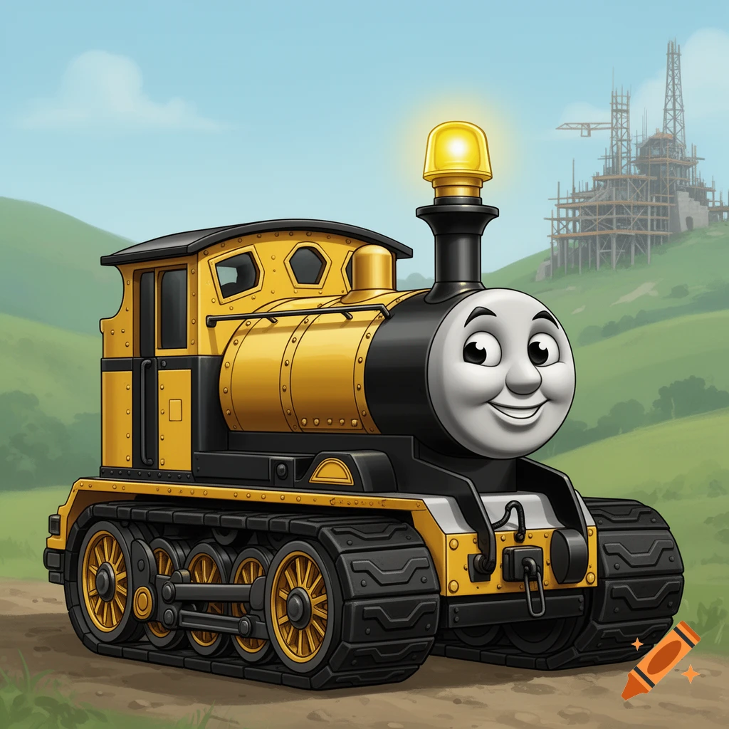A smiling cartoon yellow and black tank engine on tracks with a yellow siren light, set on a grassy hill with a construction site in the background.