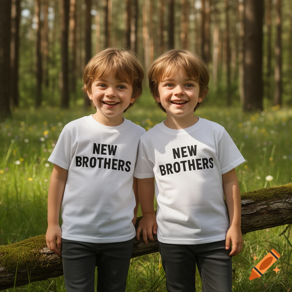 Two young boys with matching 'NEW BROTHERS' t-shirts smile happily in a sunny forest.