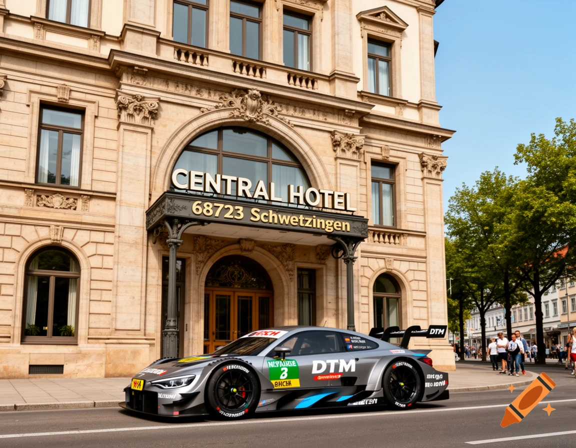 A silver and black DTM race car parked on a street in front of the Central Hotel in Schwetzingen.