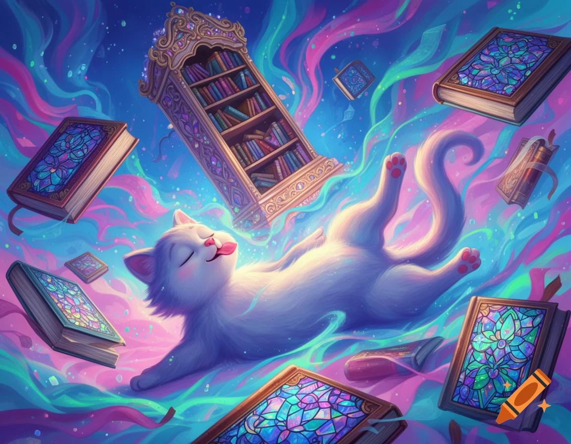 A fluffy white cat floats on its back with its tongue out, surrounded by vibrant pink, blue, and green swirls, floating ornate books with stained-glass covers, and a bookshelf.