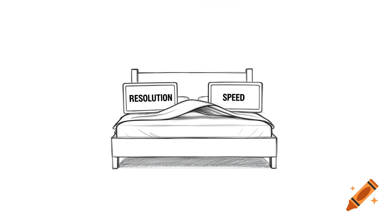 Black and white sketch of a bed with 'RESOLUTION' and 'SPEED' signs, partially covered by a blanket, symbolizing a trade-off.