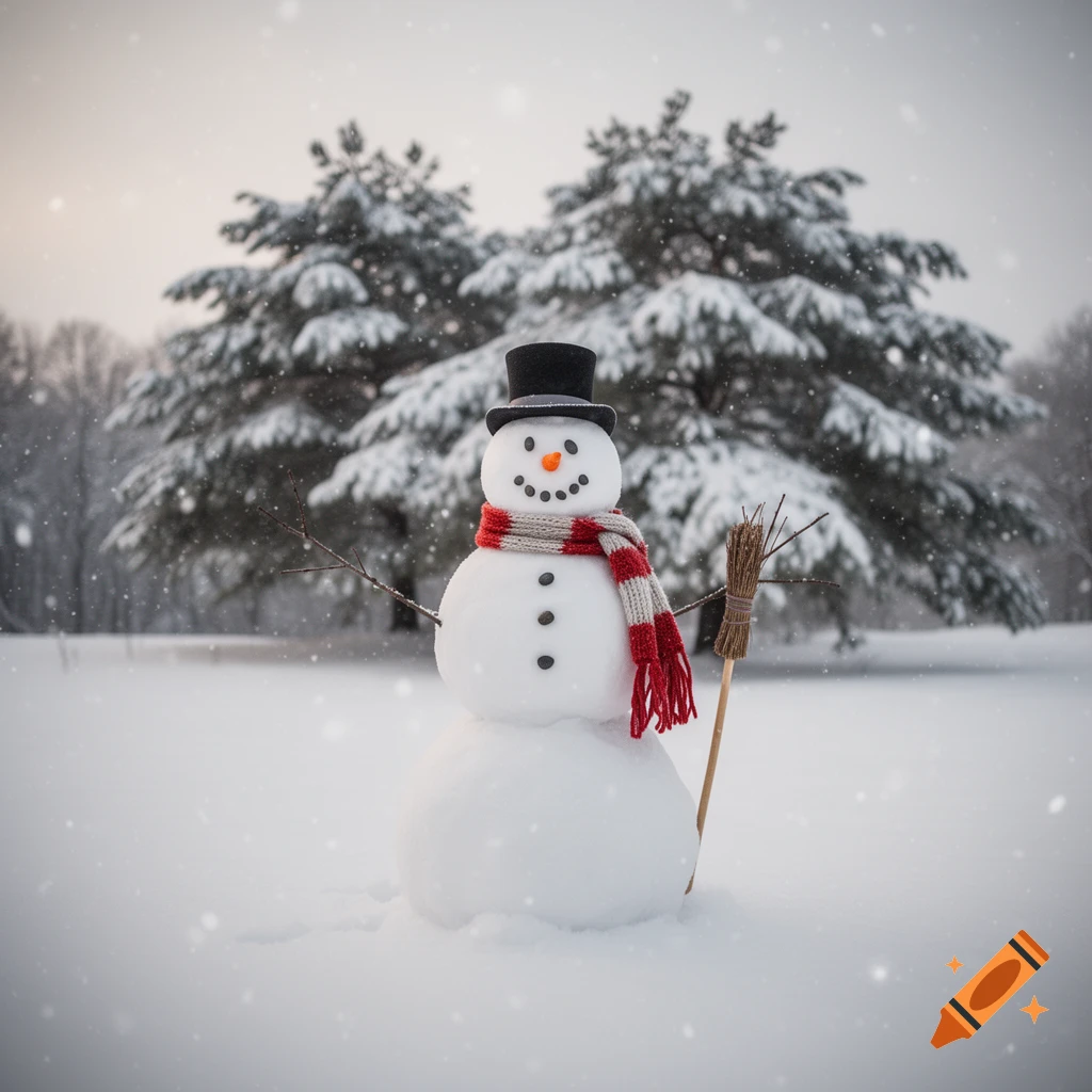 A snowman wearing a top hat and red and white striped scarf stands in a snowy field with pine trees, as snow falls.