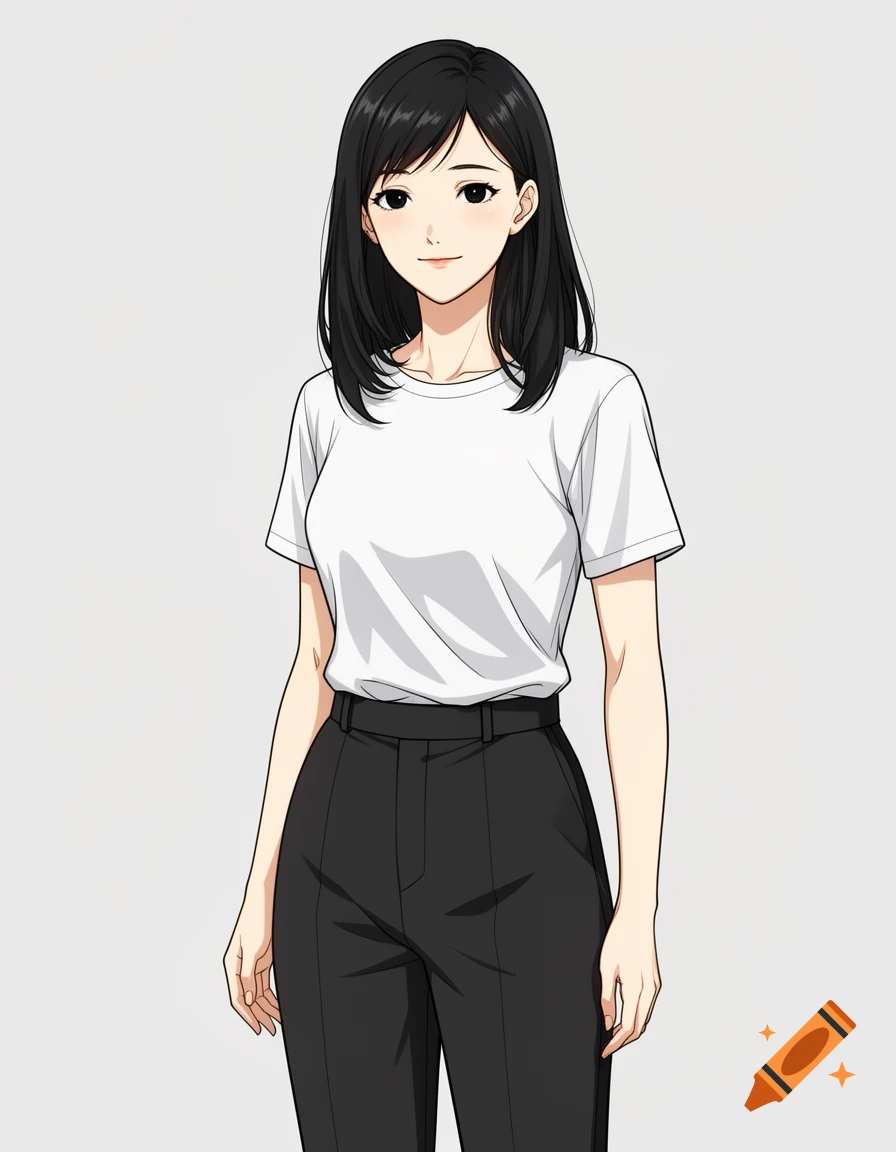 An anime woman with black hair, wearing a white t-shirt and black pants, stands smiling slightly.