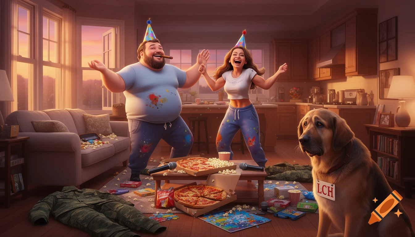 A portly man and a sporty woman in party hats dance excitedly in a messy living room, while a dog with an LCH nametag watches.