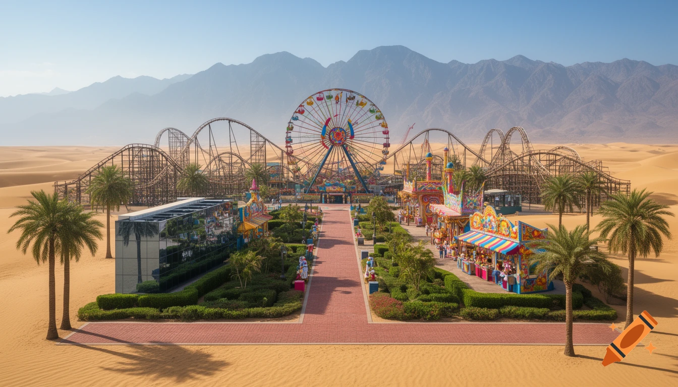 A vibrant theme park with a large Ferris wheel and roller coasters set in the middle of a vast desert, with mountains in the background.