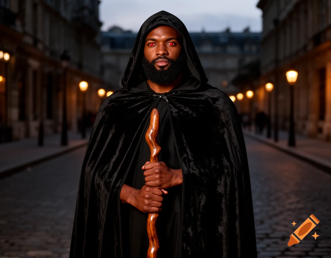 A photorealistic portrait of a Black man in a dark hooded cloak, with a beard, serious expression, and red eyes, holding a staff on a cobblestone street.