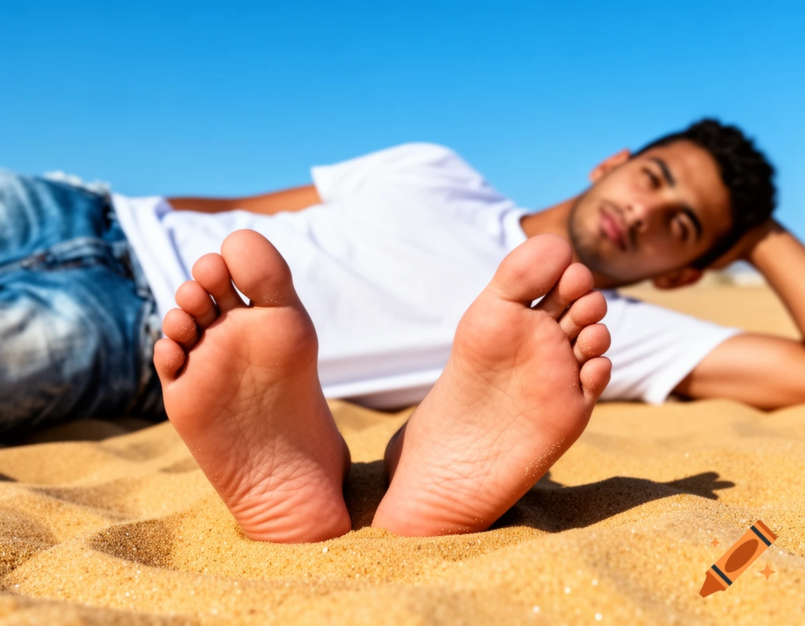A man with tanned skin lies on a sandy beach, his bare feet prominent in the foreground under a clear blue sky.