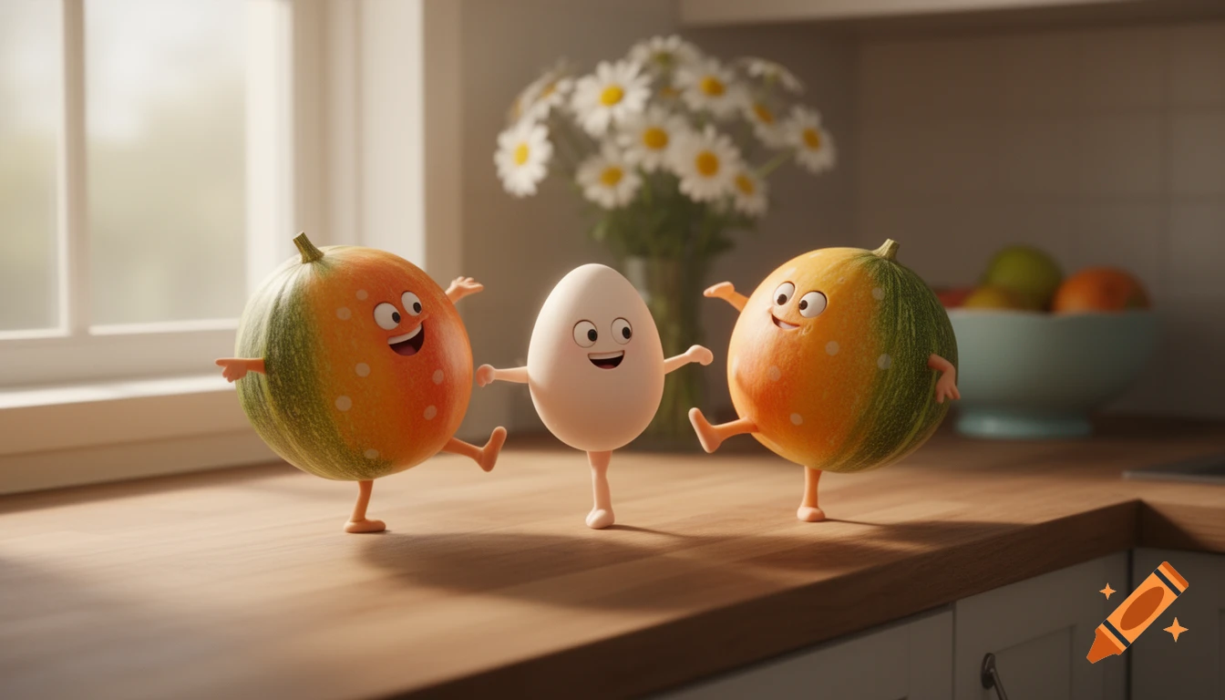 A 3D cartoon image of a happy egg dancing with two spotted watermelons, all with faces, on a kitchen counter.