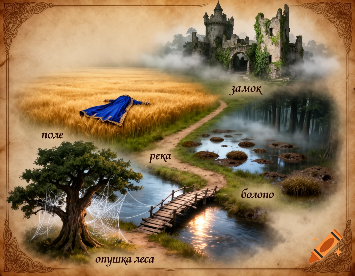 A fantasy map-like image depicting various landscapes including a golden field with a blue cloak, a ruined castle, a winding river with a wooden bridge, a misty swamp with hummocks, and a large tree at a forest edge covered in spiderwebs. Each location is labeled in Cyrillic.