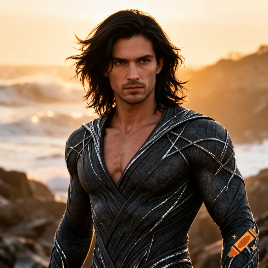 Photorealistic portrait of a man with long dark hair, wearing a dark, textured costume with silver accents, standing on a rocky beach at sunset.