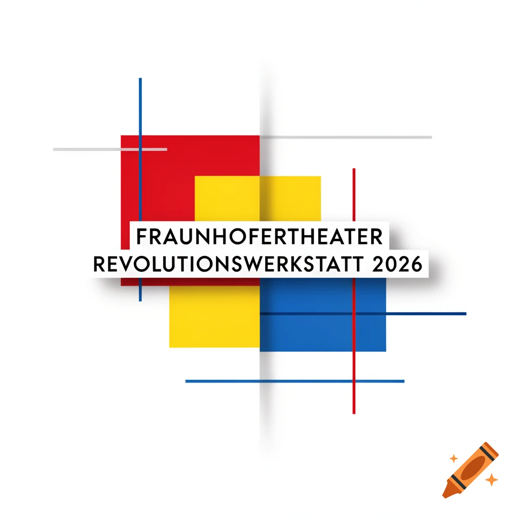 Minimalist Bauhaus-style graphic with red, yellow, blue rectangles, intersecting lines, and text 'FRAUNHOFERTHEATER REVOLUTIONSWERKSTATT 2026'.