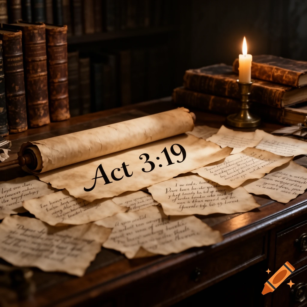 A dimly lit vintage desk with old books, a scroll featuring 'Act 3:19', and scattered handwritten papers, lit by a single candle.