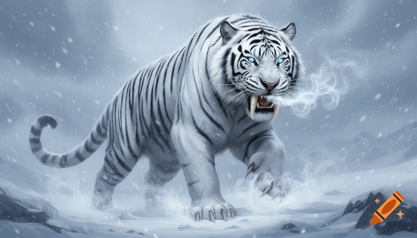 A fierce white saber-toothed tiger with glowing blue eyes exhales icy mist while walking through a snowy blizzard.