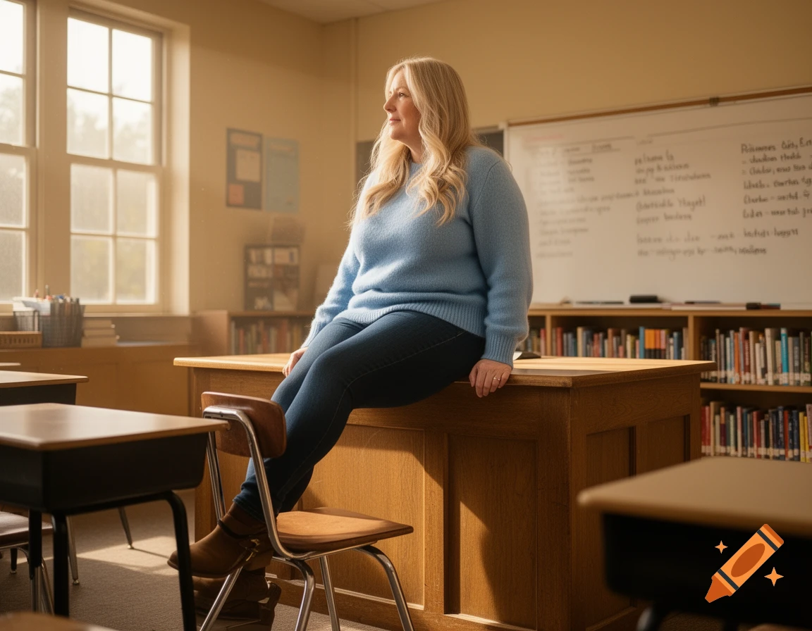 A blonde woman in a blue sweater and jeans sits on a wooden desk in a sunlit classroom, looking left.