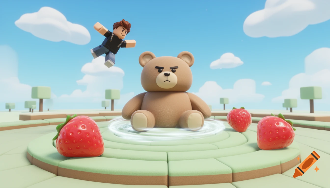 A Roblox character jumps in a vibrant 3D video game arena with a grumpy giant teddy bear boss, squishy strawberries, and soft clouds.