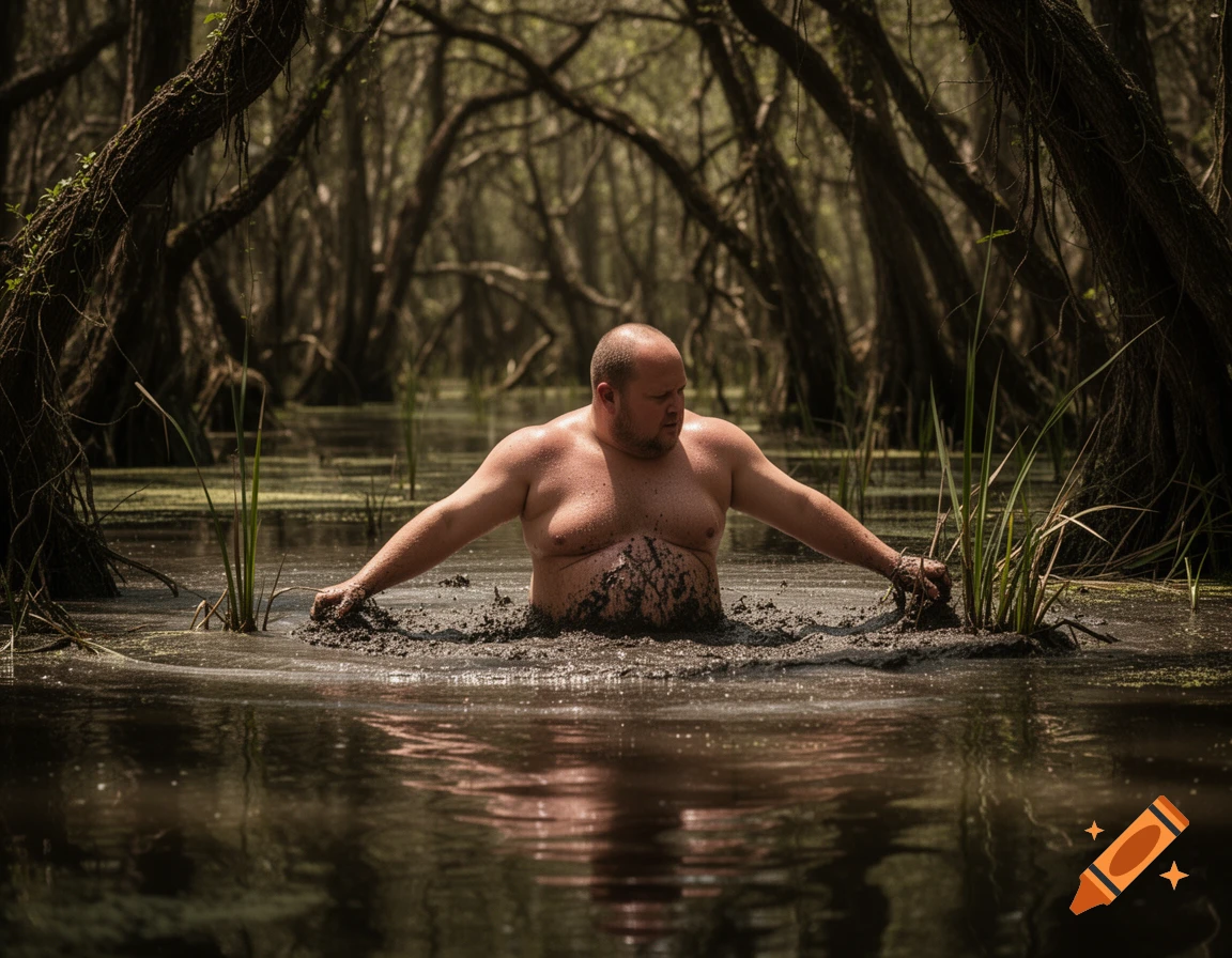 A shirtless, balding man covered in mud, waist-deep in a dark swamp, grips mud and grass among gnarled trees.